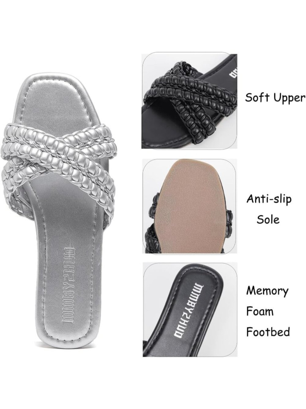 Women's Silver Faux Leather Flat Sandals Comfortable Slip On Braided - Picture 3 of 6